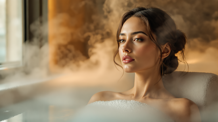 Una chica relajándose en un baño