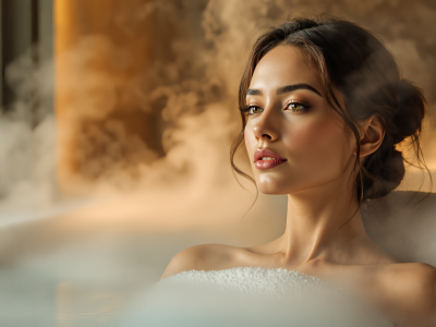Una chica relajándose en un baño